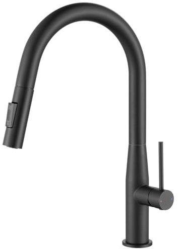 DERW Black Kitchen Tap, Pull-Out Sprayer with 2 Mode Spray, Stainless Steel | 360° Swivel Spout, Single Handle High-Arc Pull Down, Ceramic Cartridge & Water-Saving, Matte Finish, Easy DIY Installation