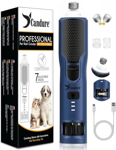 Candure Dog Nail Grinder 7-Speed Whisper Quiet Dog Nail Trimmer for Large, Medium, Small Dogs, Cats & Pets – Silent Type-C Rechargeable Dog Claw Grinder with 360° LED Light & Extra Head (Dark Navy)