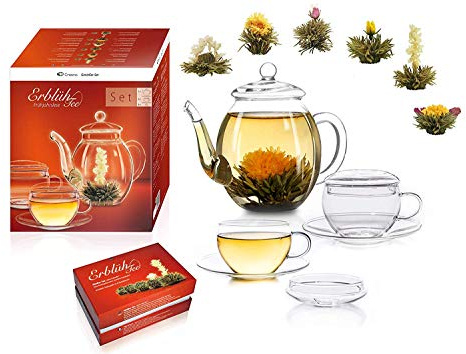 Erblüh-Tee Genießerset - Glas Teekanne 0,5l, 2 Tassen, 6 Teeblumen
