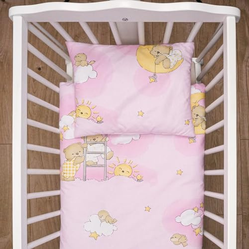 Baby Comfort 4 Piece Duvet Pillow Duvet Cover Pillowcase 80x70 cm Bedding Set 12M+ (Ladders Pink)