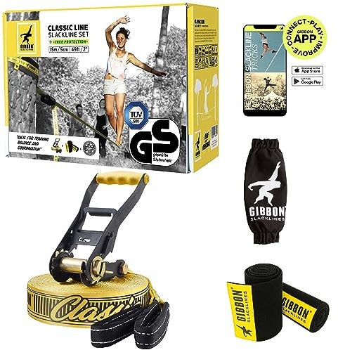 Gibbon Slacklines ClassicLine Komplett-Set inkl. Baumschutz | 25m | TÜV Geprüft | Balance & Spaß mit Trampolin-Effekt | Ergonomische Ratsche | Perfekt für Anfänger und Fortgeschrittene