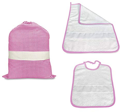 Kindergarten-Set mit Bezug und Handtuch und Lätzchen, gefärbt, aus Aida-Stoff zum Sticken, Rosa