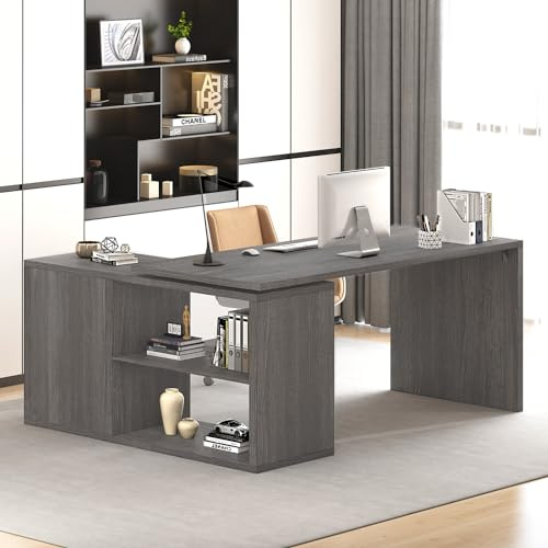 HSH Eckschreibtisch mit Stauraum Schreibtisch L Form für Büro Computertisch Industriell Holz Bürotisch PC Tisch Schreibtische für Homeoffice Wohnzimmer Dunkelgrau 140 cm