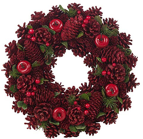 URBNLIVING Artificial Christmas Wreath, Resin Material Pinecone Leaves Berries Xmas Indoor Outdoor Ornament Display Item, 24-34cm, Multiple Colours (Red, 34cm)