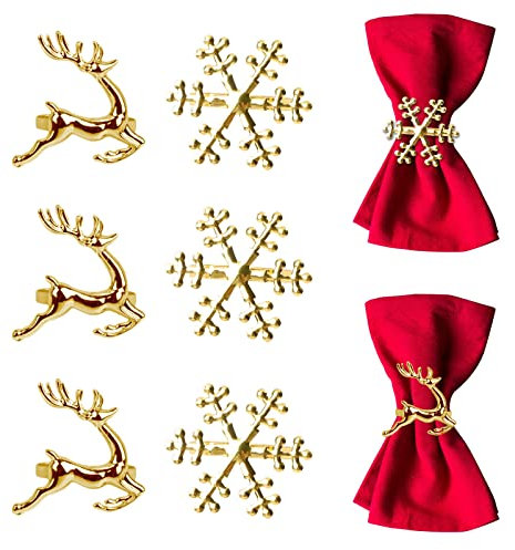Christmas Napkin Rings Set of 8 Golden Napkin Rings Snowflake Reindeer for Christmas Lunch Thanksgiving Party Holiday Christmas Wedding Table Decoration Stocking Fillers