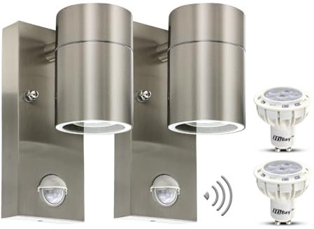 HiBay 2 Stück LED Außenleuchte mit Bewegungsmelder Wandleuchte Edelstahl Aussenlampe GU10 IP44 Wandlampe PIR Sensor inkl. LED Lampe 5W 450LM 3000K Warmweiß