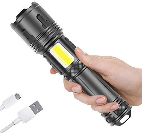 Pocketman Rechargable LED Torch Tactical Flashlight Waterproof Powerful Handheld Torch Super Bright Torch for Outdoor Activities or Gift 4 Modes,USB Cable Included