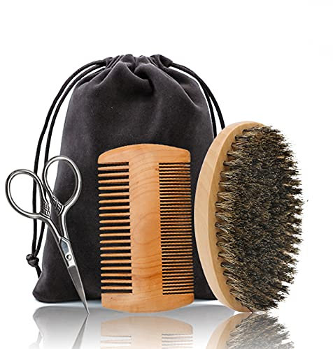 Bartpflege Set, Wildschweinborsten BartbüRste Bartkamm Bartschere Bartpflege Geschenkset MäNner Geschenk