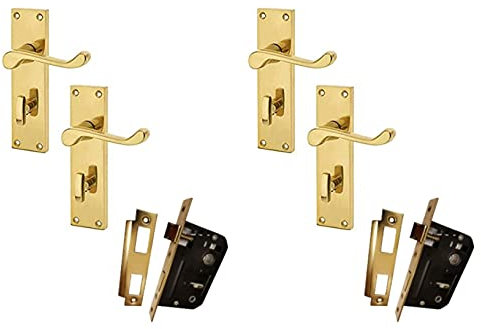Haven Heritage Door Handle Victorian Scroll Bathroom Lock Electro Brass Plated + 2.5 Mortice Bath Lock Pack of 2