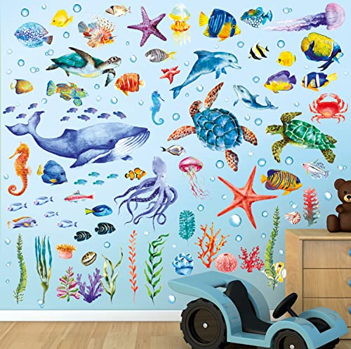 DECOWALL Meerestiere Wandsticker Ozean Wale Delfine Schildkröte (DS12-8048) | Aquarell-Unterwasserwelt mit Korallen, Quallen, Seesternen und Seegras – ablösbar, repositionierbar und frei anordbar
