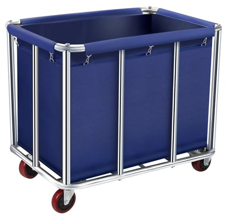 Commercial Laundry Cart with Wheels, 11.40 Bushel Large Laundry Rolling Bins with Removable Waterproof Canvas Lining Basket, Heavy Duty Stainless Steel Laundry Hampers for Hotels & Hospital