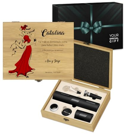Maverton 6er Wein Zubehör Set mit Aufdruck - elektrischer Korkenzieher - automatischer Flaschenöffner - Wine Accessories - Weinöffner Set für Frauen - Weinset in Bambusbox - Dame