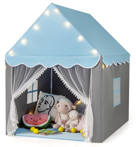 DREAMADE Kinderspielzelt Spielzelt für Kinder mit gepolsterter Decke und Lichterkette, Kinder Spielhaus mit Netzvorhang und Fenstern, Kinderzelt für Jungs & Mädchen, für Indoor und Outdoor (Blau)