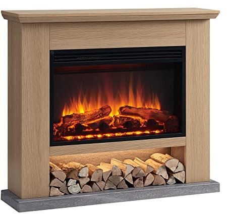 FLAMME 39 Beadell Electric Fireplace Suite Natural Oak Colour Includes 2000w Heater with Glass Fronted Flame Effect, Remote Control