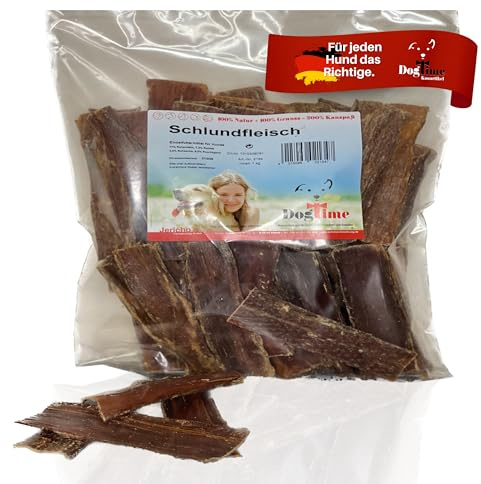 Dog Time Tiernahrung Schlundfleisch 1000g getrocknet I Gesunder Kausnack aus 100% Rind für Hunde I Hundeleckerli ohne Zucker I In Deutschland produziert