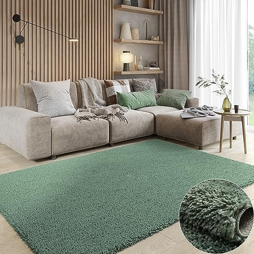 MY-RUG Shaggy Star kuscheliger Langflor Teppich, Rutschhemmende Unterseite, extra Langer Hochflor 37 mm, Pflegeleicht, Super Soft, Felloptik, grün, eckig 230 x 160 cm