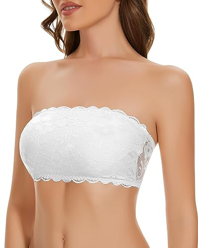 WOWENY Reggiseno Senza Spalline Bandeau Top Invisibile Pizzo Fascia Imbottito Bianco XS