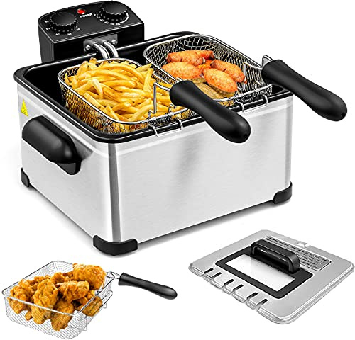 5.3QT Electric Deep Fryer with 3 Baskets, SIMOE 5L Stainless Steel Deep Fryer w/60 Timer & Lid with View Window, Home Countertop Oil Fryer w/Temperature Control for Kitchen, Party, French Fries
