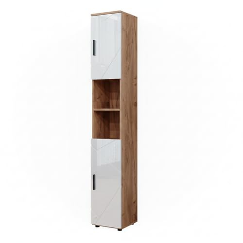 Vicco Badschrank Irma, Weiß Hochglanz/Goldkraft Eiche, 30 x 192 cm | mit Türen, und offenen Fächern, zur Aufbewahrung von Badutensilien und kompatibel mit Irma-Serie