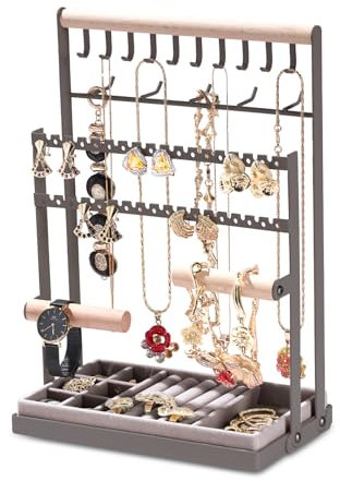 Schmuckständer Schmuckhalter, Ohrstecker Display Schmuckhalter, Schmuckbaum-Kettenhalter mit Aufbewahrungsbasis, Ohrringständer Schmuckaufbewahrung Jewelry Stand für Halsketten, Armbänder, Ringe, grau