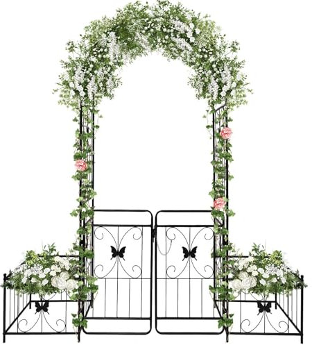 2,2 M Gartenbogen mit Tor und Pflanzkästen, Kalolary Metall Hochleistungs Gartenlaube für Kletterpflanzen Hochzeit Spalier Torbogen Hochbeet Rosenreben Kletterstütze für Hinterhof Terrasse im Freien