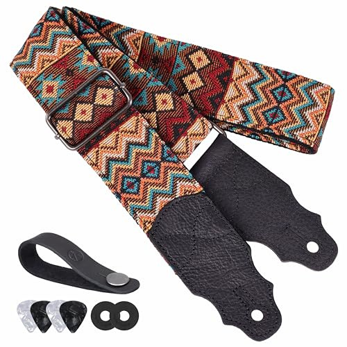 YIKOKO Gitarrengurt Kopfschicht Rindsleder Ende 2 Zoll für Akustik- und Bass-E-Gitarren, Adjustable from 38″ to 64″