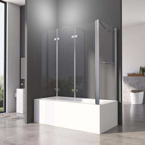 Duschwand für Badewanne mit Seitenwand 80 x 120 x 140 cm 3-teilig Faltbar Duschwand Silber Duschabtrennung Falttür Badewannenwand Trennwand mit 6mm Nano Glas