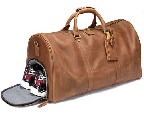 QTANZIQI Vintage Leder-Reisetasche für Reisen oder das Fitnessstudio, große Reisetasche für Herren, Sporttasche mit Schuhfach, braun