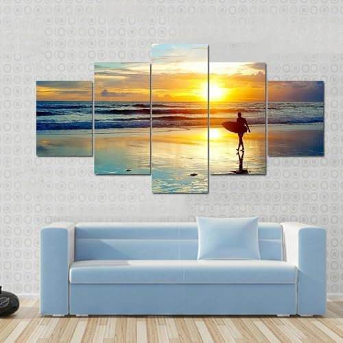 QYYAMDEQ Wandbilder Set Deko Bilder 5 Stück Leinwandbilder Surfer am Strand bei Sonnenuntergang in Bali 5 Platten Poster Wandbild Kunstdrucke Büro Küche Schlafzimmer Wandbilder Wohnzimmer Xxl