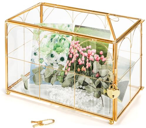 Okllen Glass Card Box with Slot, 25x15x20CM Gold Clear Card Box for Wedding Receptions, Decorative Storage Box with Lock for Baby Shower, Birthday Party, Bridal Shower