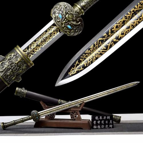 KWXPW Chinesisches Schwert,Manganstahl Graviert Klinge,Metallgriff,natürliches Ebenholz Scheide,handgefertigt gerades Schwert für Geschenke,Dekoration,Cosplay,Requisiten,Dekoration-103cm