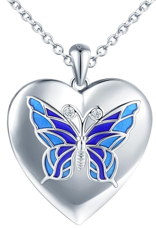 MICYUMI Damen Herz Foto Medaillon Halskette 925 Sterling Silber Herz Kette Schmetterling Muster Anhänger