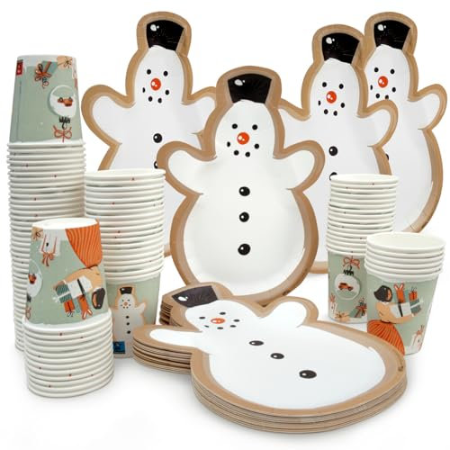 Wellsamed 100 Stück Weihnachtsbecher + 104 Stück Pappteller Schneemann 180 ml Coffee to Go, Glühwein-Becher, Winter Motiv, Punsch, Weihnachtsgeschirr