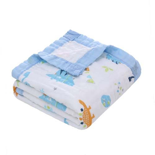 Miracle Baby Coperta di Mussola Neonato,110 x 110 CM Copertina in Cotone 6 Strati per Bambino Unisex Mussola Asciugamano Coperta per Culla Passeggino (110 x 110 cm, Blu - Dinosauro 2)
