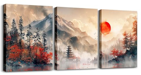 Homewish Framed Canvas Prints Mount Fuji Wall Art Japanese Mountain In Sunrise Poster Prints Modern Nature Landscape Pictures Oil Painting Canvas Wall Art Nature Scenery Wall Decor 12X16X3Pcs