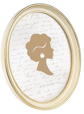 Tone Link. Cornice portafoto ovale vintage, 20 x 25 cm, lussuose cornici antiche con vetro frontale, da appendere alla parete, colore bianco sporco e oro