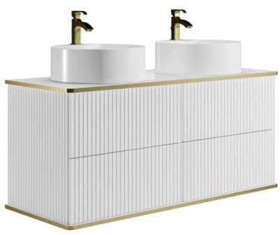 Vente-unique-Mobile per bagno sospeso scanalature profilo dorato e doppio lavabo da appoggio tondo Bianco 120 cm - KELIZA