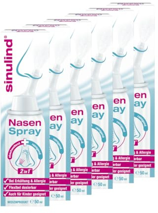 sinulind Nasenspray 2 in 1 | zur Reinigung & bei Schnupfen | 6 x 50 ml | 100% natürliche hypertone Meerwasserlösung, befreit & befeuchtet, ohne Konservierungsstoffe, für die Familie ab 3 Monaten