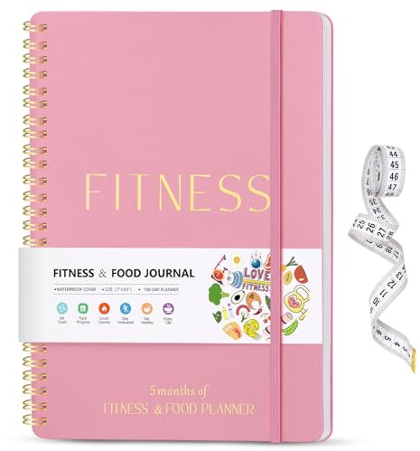 Fitness & Food Journal for Women, Undated 150-day Workout & Wellness Planner with Measuring Tape, Pink Weight Loss Journal for Setting Goals Tracking Exercise Training Diet Progress (9.5’’*7’’)