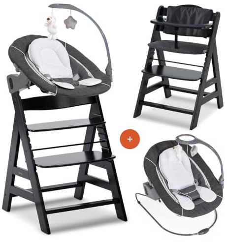 hauck Alpha+ Newborn Set Deluxe - Baby Holz Hochstuhl ab Geburt mit Liegefunktion - inkl. Aufsatz für Neugeborene & Sitzpolster - mitwachsend, verstellbar - Schwarz