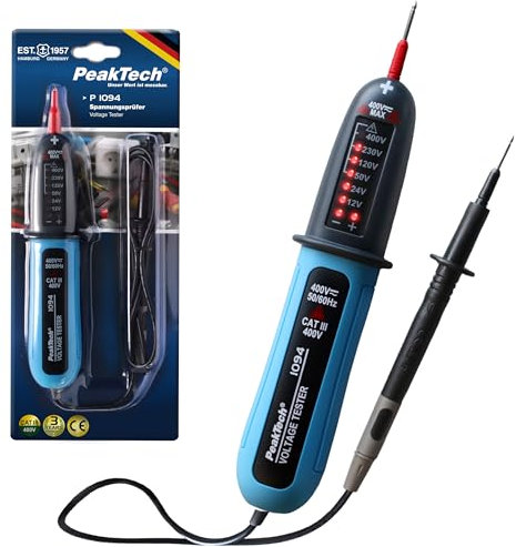 PeakTech P1094 – Digitaler 2-Poliger Spannungsprüfer AC/DC von 12V bis 400V – Hochwertiger Stromprüfer mit LED-Anzeige und akustischem Warnsignal – Spannungsmesser mit IP54 Schutzklasse – CAT III 400V