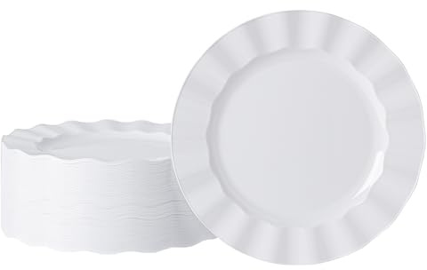 NZVCN 72 Pack Plastic White Round Dinner Plates, 10 Disposable Wave Plates Elegant Heavy Duty Serving Dishes for Party, Wedding, Thanksgiving, Christmas | Elegant Heavy Duty Serving Dishes for Party, Wedding, Thanksgiving, Christmas