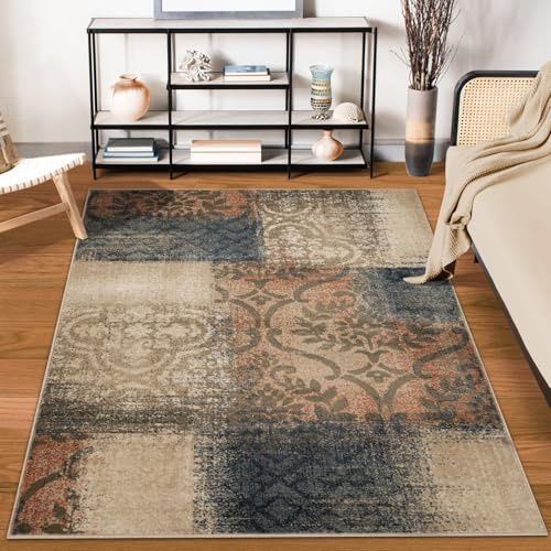 Superior Indoor Area Rug, Jute Backing, Plush Geometric Rugs for Kitchen Floors, Office Floor Cover, Floral Patchwork Rugs, Bristol Collection, 8' x 10', Midnight Navy/Salmon