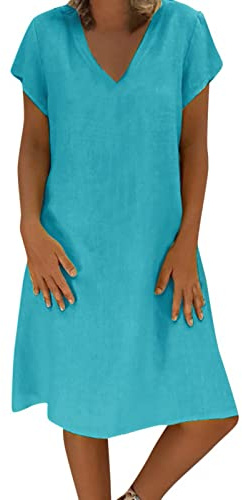 Générique Robe Femmes Été Large Coton Lin Uni Manches Courtes Confort Robe de Plage Sexy Ample Tunique Robes Longueur Genou Rétro Maxi Lâche Couleur Unie Bohème Ete Mi-Longue Dress Pas Cher