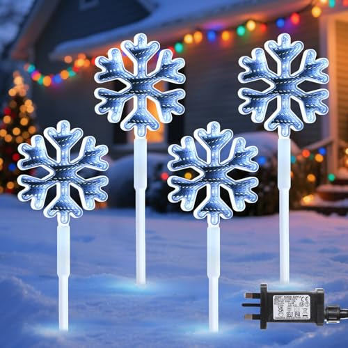 Quntis 3D LED Christmas Pathway Snowflake Lights 4Pack Mains Powered Christmas Path Infinity Lights with 8 Modes Timer Memory Function Mirror Tunnel Effect Xmas Decor Outdoor for Garden Yard Lawn
