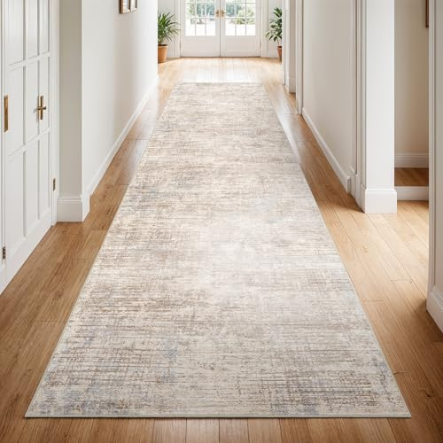 3x10 Hallway Washable Runner Rug - Non-Slip Kitchen Rugs with Rubber Backing Abstract Low-Pile Carpet Runners for Laundry Room Home Decor Bedroom Bathroom Entryway (Ivory Beige Distressed,3x10)