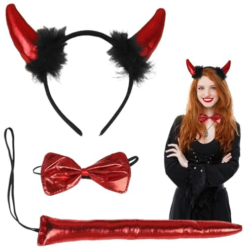 KUMSODE Set di 3 pezzi per costume da diavolo con corna da diavolo, fascia per capelli con papillon, coda da diavolo, corna da diavolo, cosplay, per adulti, carnevale, Halloween, cosplay, feste