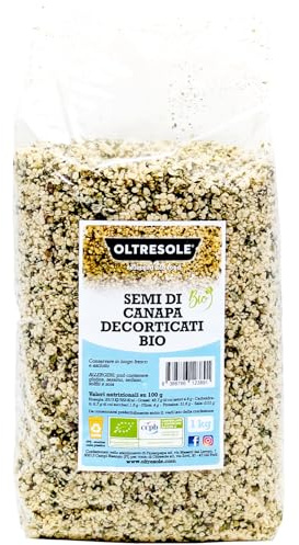 Oltresole, Semi di Canapa Decorticati Biologici 1 kg, Semi Oleosi Europei Crudi, Superfood, Ricchi di Proteine Fibre e Omega-3, Ideali per Insalate e Zuppe, Confezione Ideale per Famiglie