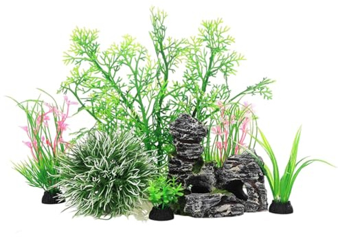 Klaisy Aquarium-Landschaftsdekoration, 7-teiliges Set mit kleinen und großen Pflanzen und Höhlenfelsen für lebendige Aquarien, Dekoration für Aquarien