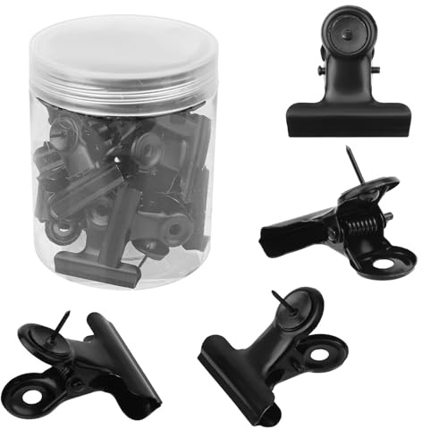 Gosknor 20pcs Push Pins Clips, Thumb Tacks Bulldog Clips with Pins Metal Pushpin Holder Bulletin Board Cork Board Accessories for Home Office Cubicle Wall Use (Black)